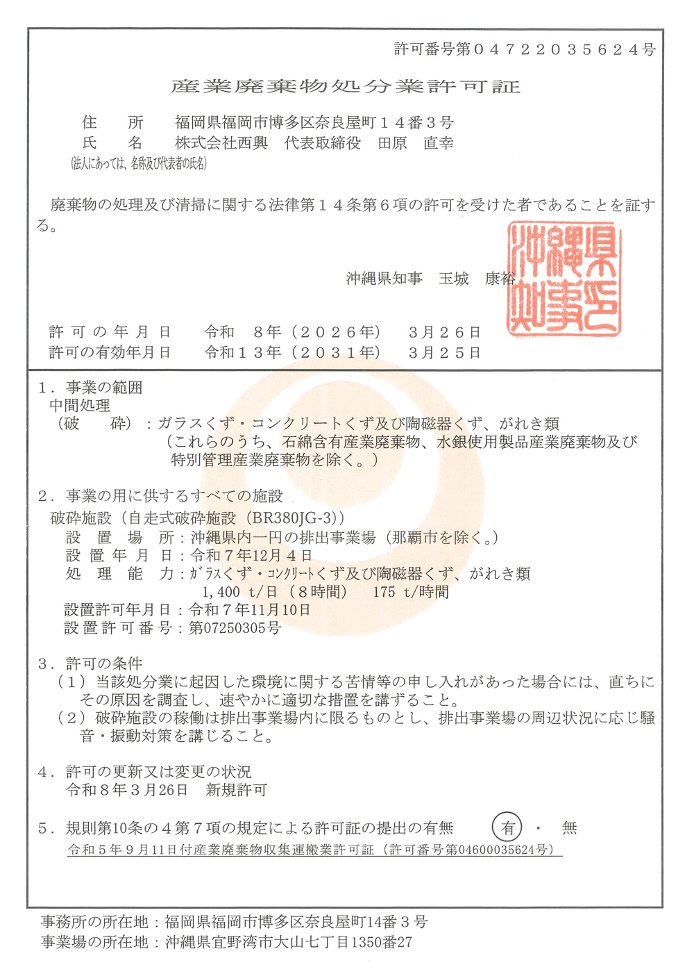 [沖縄県知事許可] 第04722035624号